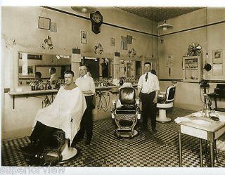 Vintage Barber Shop Interior Three Chairs Old Time Barbers Marble Sink