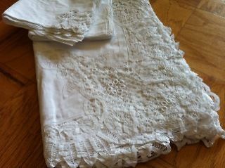 72x108 White Battenburg Lace Embroidery Tablecloth & 12 Napkins