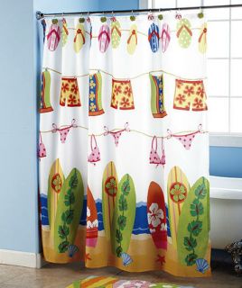Beach Bathroom Shower Curtain Towel Rug Surfboard Flipflops Bikini