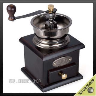 Mini Old Style BURR Wood Metal Black Coffee Bean CONICAL Grinder KT23