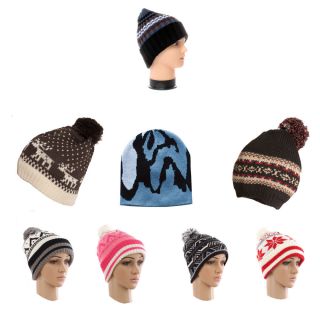 selection of patterned beanie hats in a variety of colours and