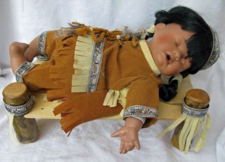 Ashley Belle Porcelain Indian Girl Doll on Wooden Bed