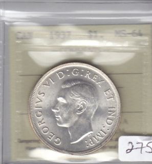 1937 CANADIAN SILVER DOLLAR ICCS CERT MS 64