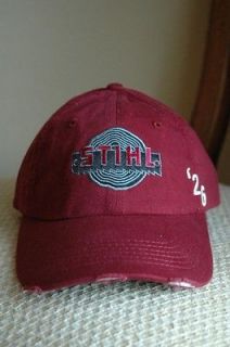 / Cap Burgundy Red Fabric w Distressed Bill and Embroidered Log Logo