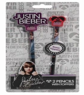 Official Justin Bieber 2 Pencils with Eraser Toppers Stationary Set