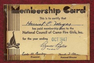 VINTAGE CAMP FIRE GIRL   1947 MEMBERSHIP CARD   NOT SCOUT
