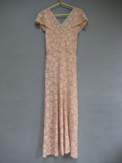Vtg 1920s 30s Sheer Lace Fitted Peach Evening Dress Bias Cut