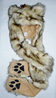 Ladies Plush, Furry Wolf Animal Hat w/ Ears, Paws and Mittens