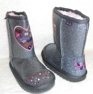 New SKECHERS LIGHTS CHARCOAL GLITTER TWINKLE TOES BOOTS PEACE HEARTS