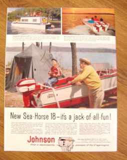 1958 Johnson Boat Motor Sea Horse Ad Shows Arkansas Traveler Boat