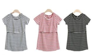 Maternity Nursing Wear Tops Soft Cotton T Shirt Stripes Modern Black