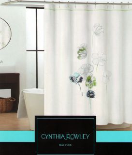 New Cynthia Rowley White Shower Curtain Embroidered Blue/Green Flowers