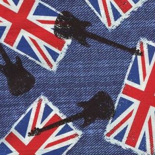 MUSIC GUITARS BRITISH FLAGS DENIM BLUE Cotton Fabric BTY for Quilting