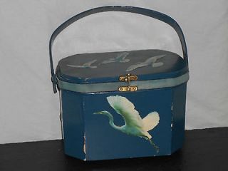Vtg decoupage basket box lunch pail purse Blue Heron sea gull birds