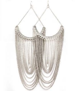 Silver Multi Loop Chain Crystal Crescent Chandelier Earrings 8 Inches