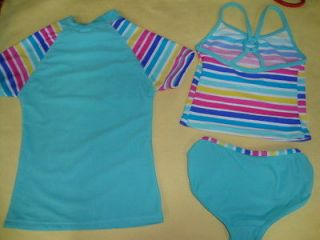 Lycra Girls Kids 3 pieces swimsuit lake blue color stripes size 4 to 8
