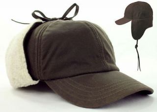 New Mens Woolrich Waxed Cotton Brown Cap Ball Hat Sherpa Earflap