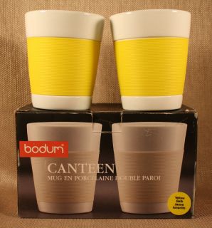 Bodum CANTEEN 6oz. Yellow Silicone Sleeve Double Wall Porcelain Mugs