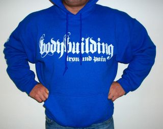 BODYBUILDING CLOTHING HOODIE WORKOUT TOP ROYAL BLUE IRON & PAIN LOGO