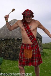 PLUS SIZE Scottish Burns Night Tartan Red Kilt Sash & Hat Fancy Dress