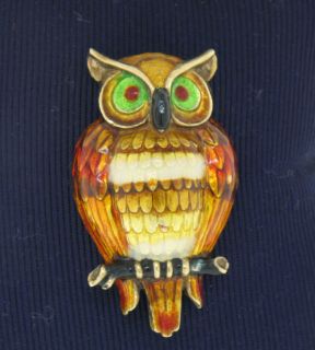 Estate 14k Whit Gold Detailed Textured Enamel OWL Booch