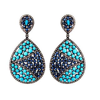 Blue Sapphire Ethnic Style Earring 14K Gold Diamond 925 Sterling
