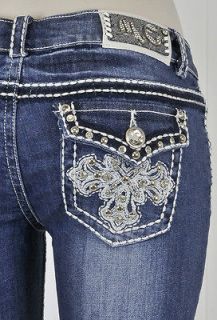 Miss Chic Bootcut Jeans White/Brown Stitching with Studs Design
