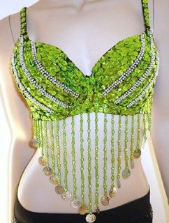 NEW SEQUIN BEADED COINS BRA BELLY DANCE ONE SIZE GREEN