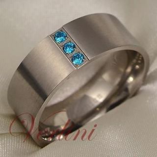 Mens Titanium Ring Wedding Band Blue Sapphire Simulated Bridal Jewelry