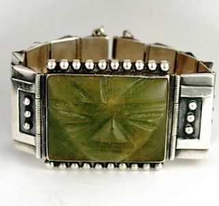 Early Mexican Sterling Silver Carved Jade Bracelet