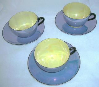 RUDOLF WACHTER OF GERMANY CUPS & SAUCERS; BLUE/YELLOW LUSTRE