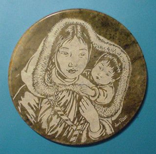 Inuit Native Indian Eskimo Nori Peter soapstone carving slab disc