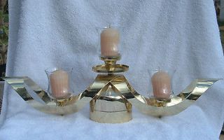 VINTAGE BRASS & GLASS TRIPLE CANDLE HOLDER WITH CANDLES