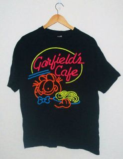 Vintage 70s 1978 Neon GARFIELD Garfields Cafe Black T Shirt XL