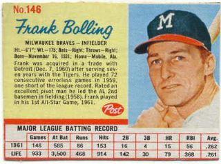 1962 Post #146 Frank Bolling Milwaukee Braves EM 512