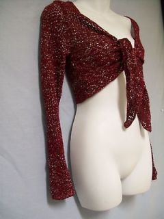 Burgundy and Silver Crocheted Sweater, Shrug, Tie Front, Sparkly