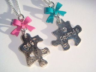 Pair of Split Broken Puzzle Piece Best Friends Bow Necklaces Gift