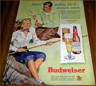 1949 BUDWEISER BEER AD~Couple Fishing w/Bamboo Pole