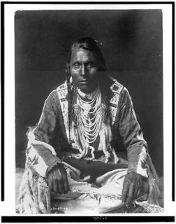 Water,Pigeon Indian,beaded buckskin shirt,leggings,braids,beads,c1910