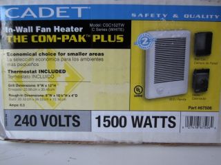 Cadet 67506 In Wall Fan Heater 1500 W Electric 240v COM PAK PLUS