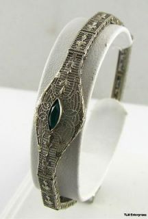 Vintage Filigree Synthetic Emerald Bracelet   10k White Gold 1920s A+