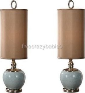 PORCELAIN Ceramic LIGHT BLUE TABLE Lamp PAIR Set Tall HORCHOW Buffet