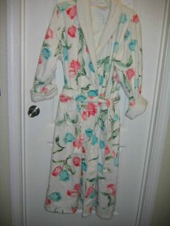 womens robe thick heavy XL floral on white terry cotton belt pockets