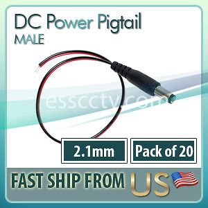 Power Pigtail Male for CCTV SECURITY CAMERAS, 2.1mm plug, Pack of 20