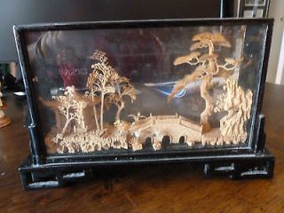 Chinese Hand Carved Cork Diorama   Black Lacquer Case   Made in China
