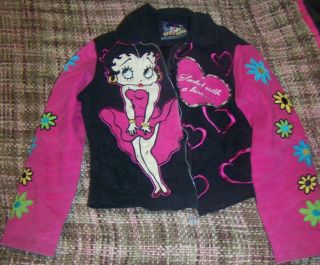 Betty Boop Calhoun Sportwear Girls Black Pink Denim Betty Boop Jacket