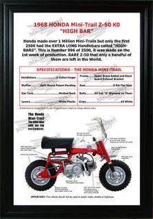 1968 Honda Minitrail Z50 K0 Highbar Sales Brochure Framed Minibike Z