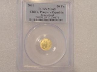 2001 CHINA PANDA 20 TWENTY YUAN SOLID .999 GOLD 1/20oz COIN PCGS MS69