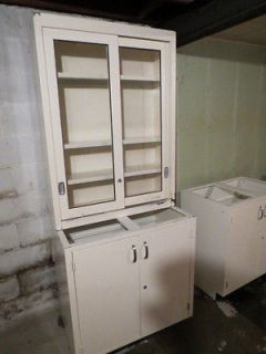 industrial 2 part steel medical cabinet with sliding glass doors