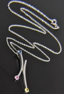 Gold Bita Multi Color Sapphire Modern Curved Bar Pendant Necklace